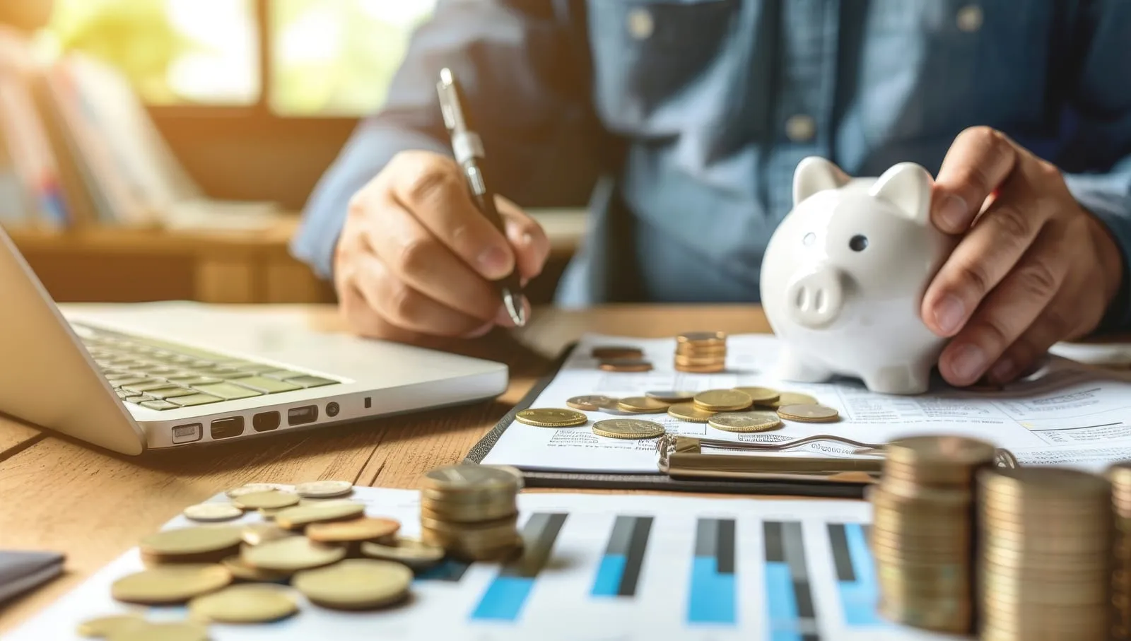 Man analyzing budget with piggy bank