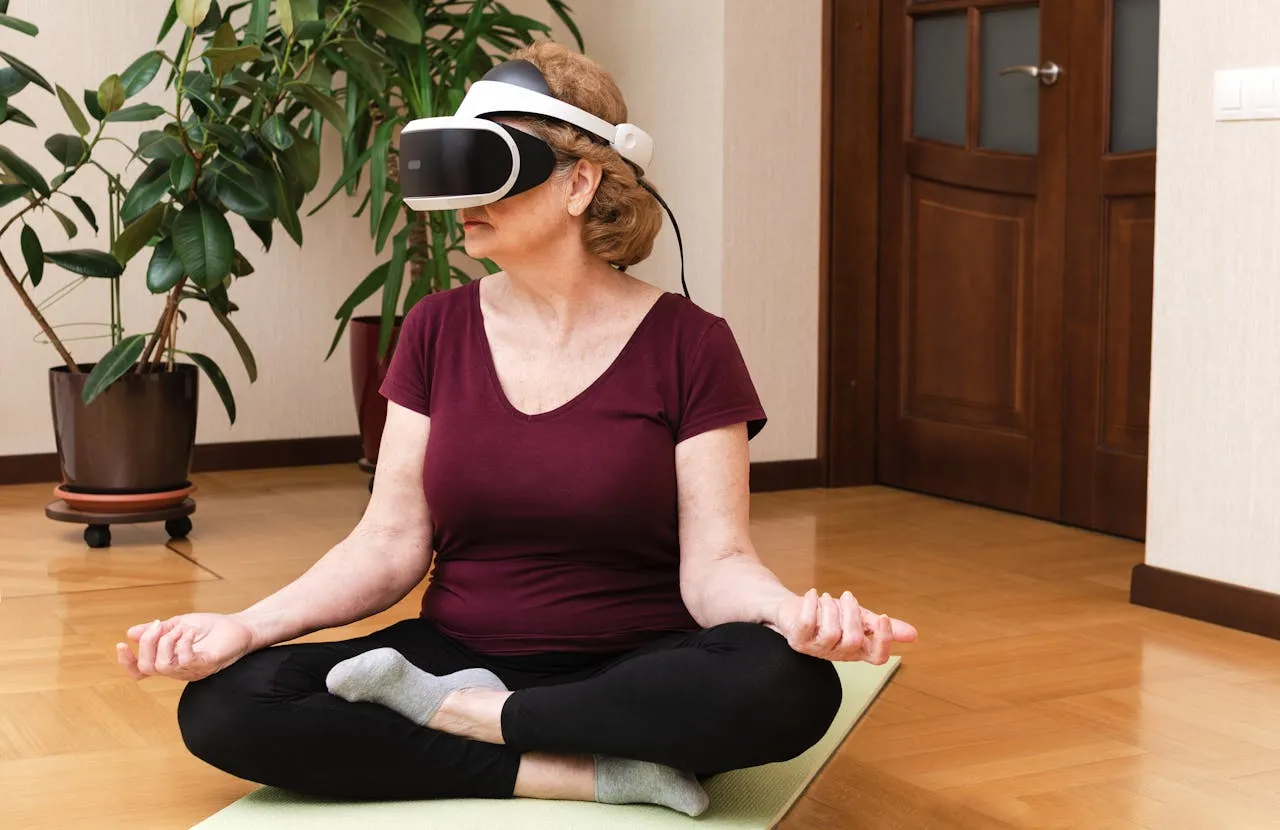 A Woman Using Virtual Reality Headset while Doing Yoga