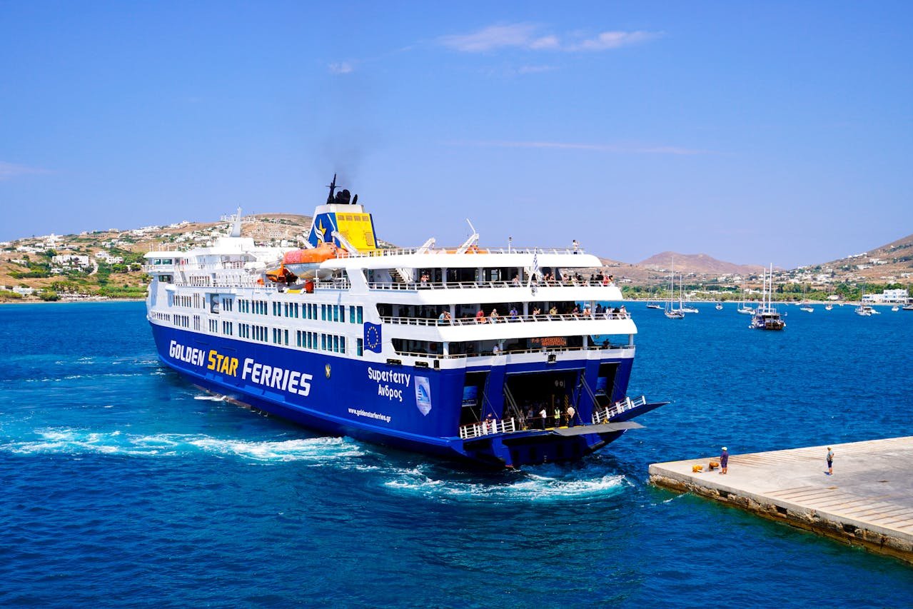 Blue and White Ship on the Sea Paros Greece