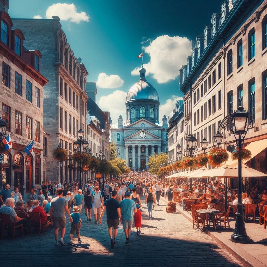 old town of Montreal bustling with tourists on a sunny day