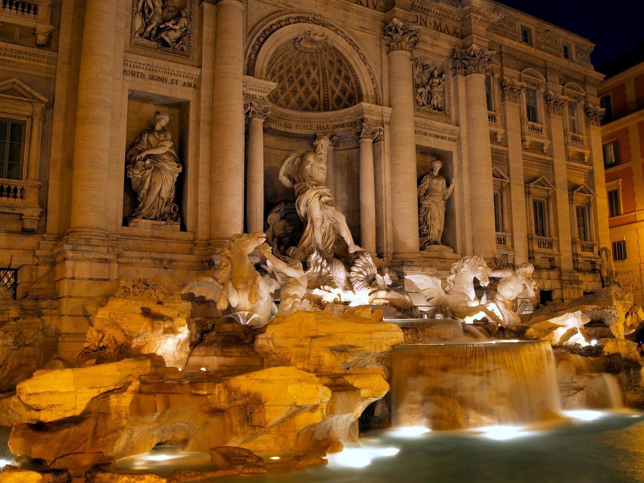  trevi fountain rome, italy,  at night