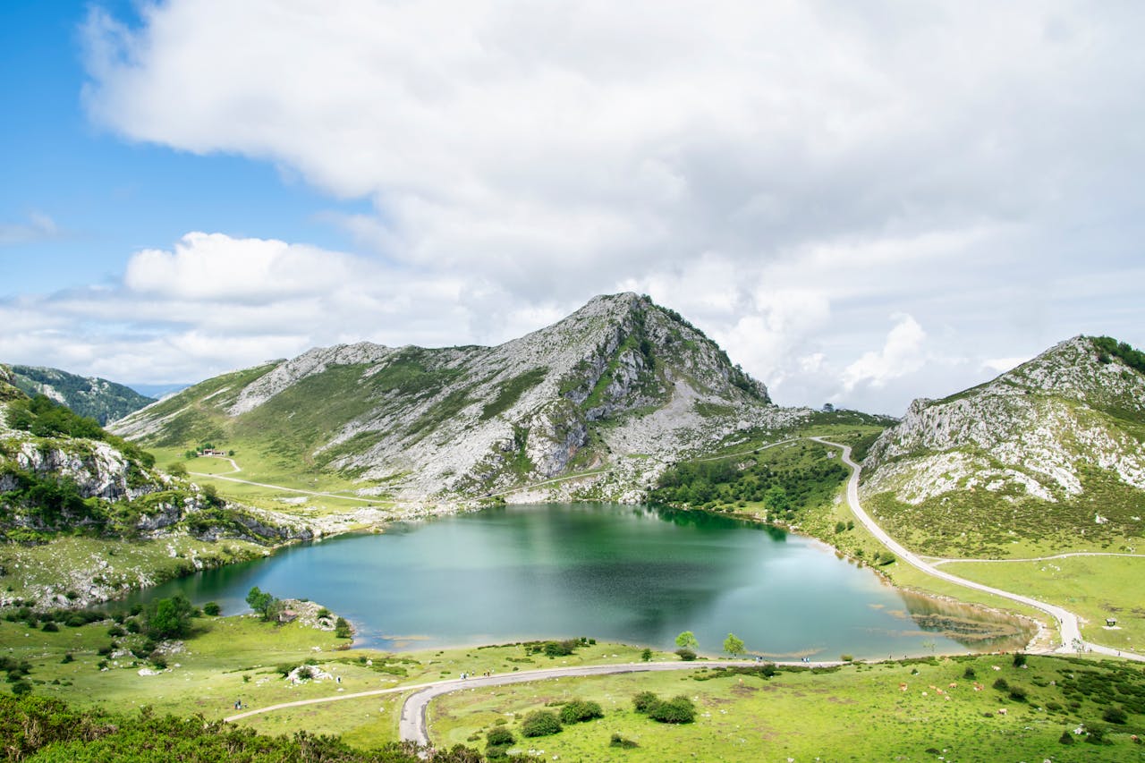 Scenic View of Mountain Lake in Asturias, Spain