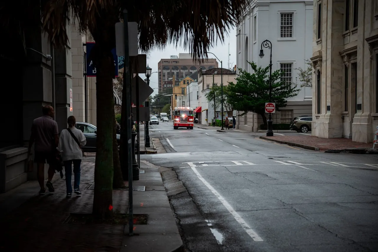 Street View in Savannah with Fire Truck Responding, Savannah, Georgia