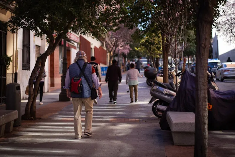 A city sidewalk with pedestrians walking under the shade of trees in summer.