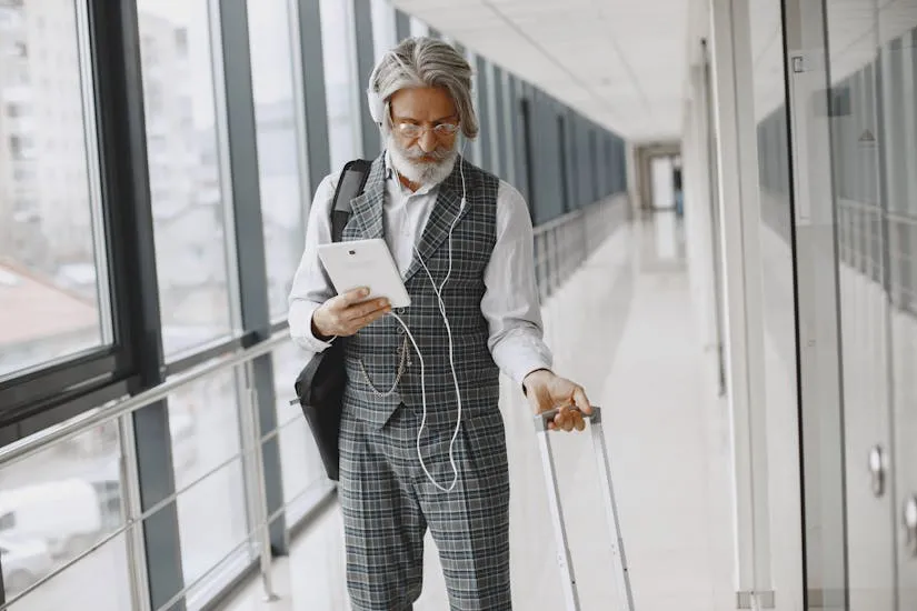 Senior man with gray hair traveling, using tablet in modern hallway.