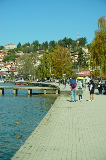 Enjoy a picturesque view of the Ohrid promenade in North Macedonia with vibrant autumn colors.