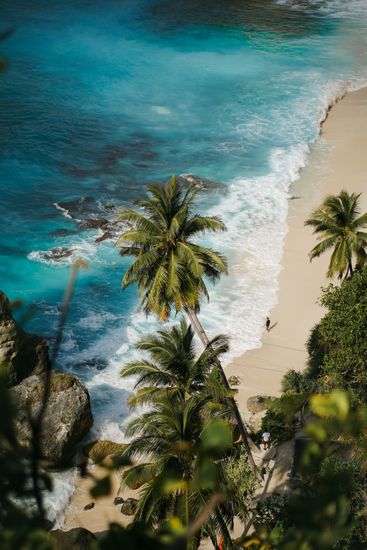 Stunning aerial view of a tranquil beach in Bali, Indonesia, with turquoise waters and lush palm trees.